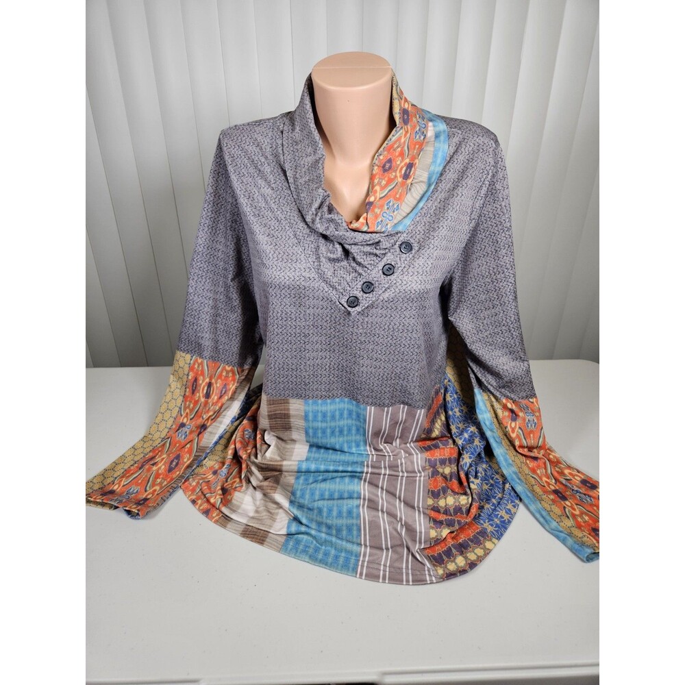 Azalea by Firmiana Patchwork Cowl Neck Tunic Top Womens XL Boho Lagenlook